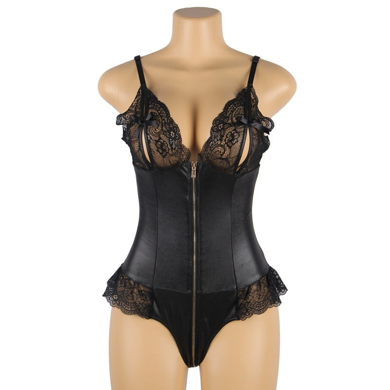 Body sexy en dentelle et cuir avec fermeture éclair