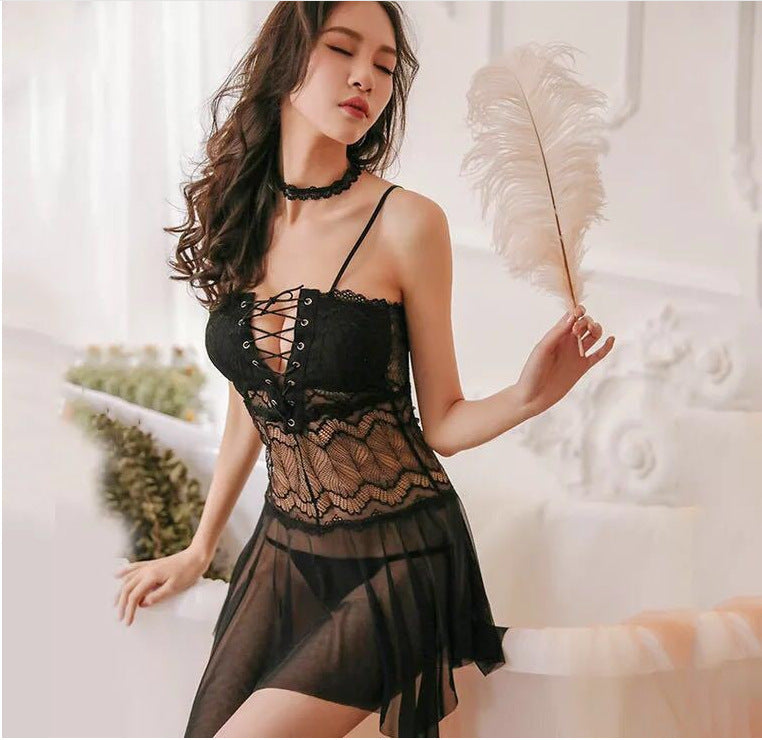 Lace-up deep V one-piece underwear