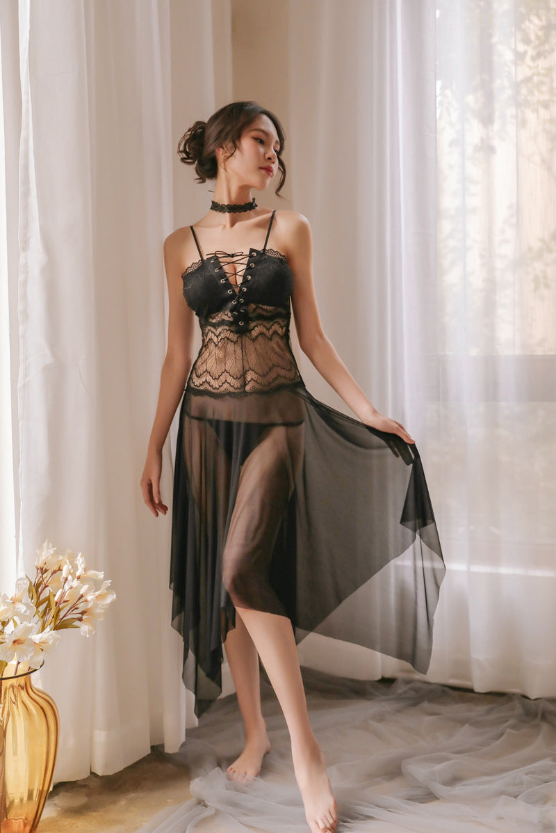Lace-up deep V one-piece underwear