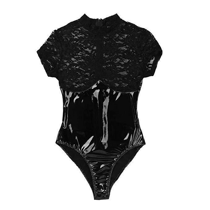 Body en cuir verni noir et dentelle LUXXX