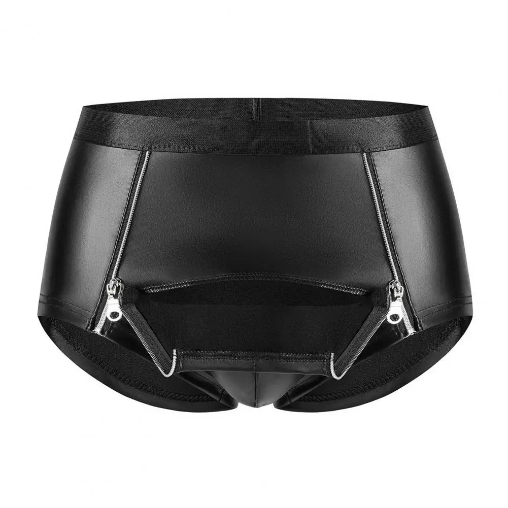 Matte Faux Leather Men Shorts Briefs Sexy Double Zipper