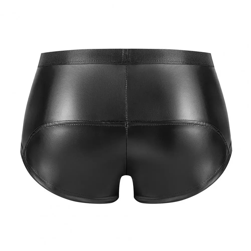 Matte Faux Leather Men Shorts Briefs Sexy Double Zipper