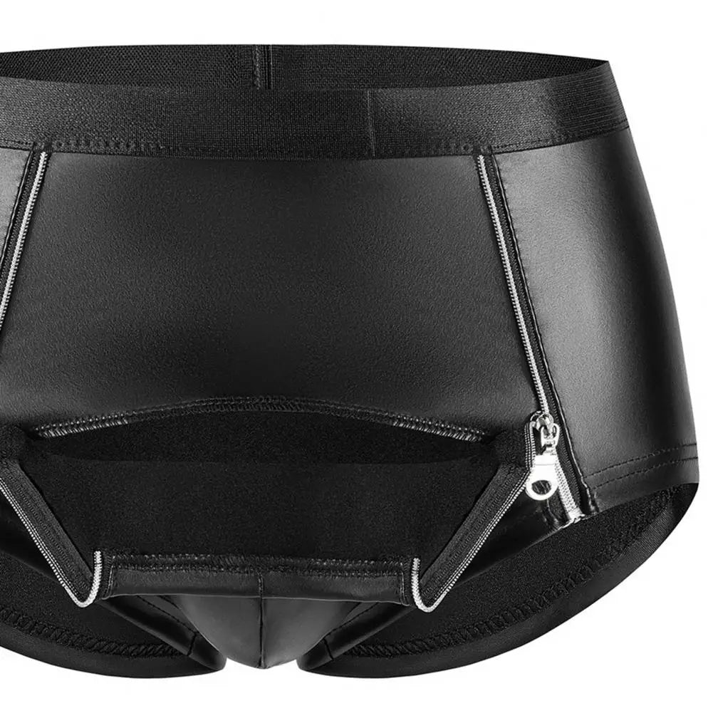 Matte Faux Leather Men Shorts Briefs Sexy Double Zipper