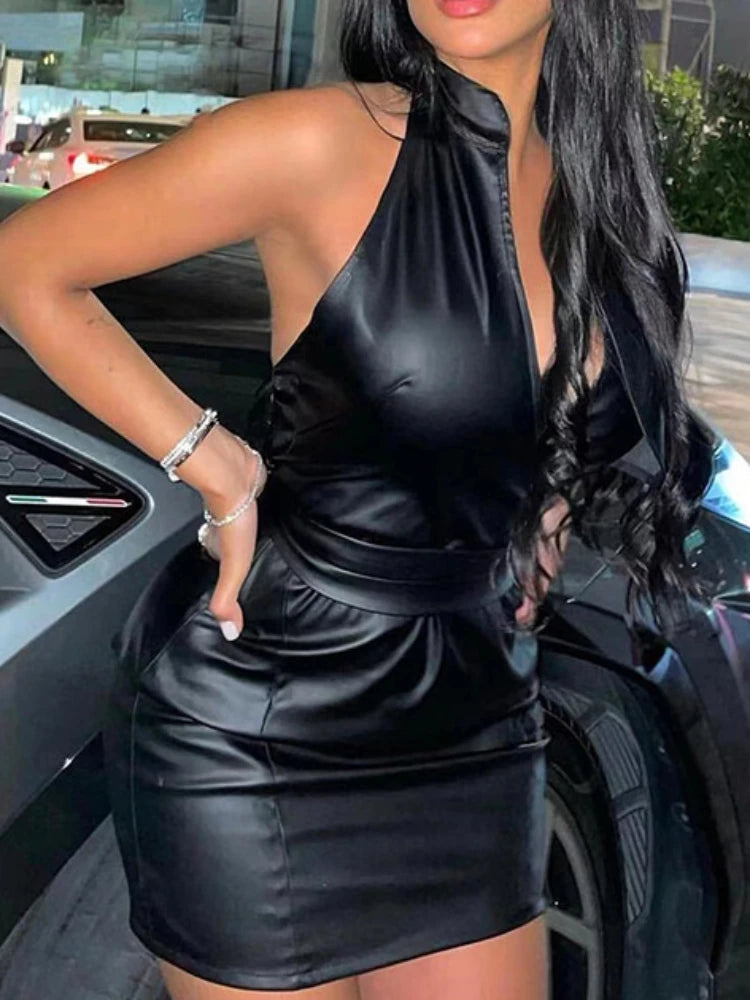 Robe sexy en cuir PU à col en V et décolleté LUXXX