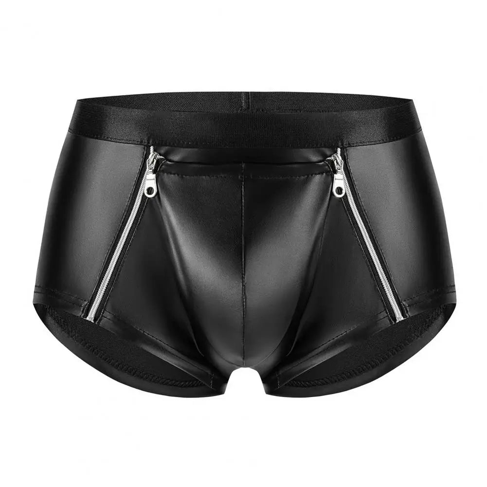 Matte Faux Leather Men Shorts Briefs Sexy Double Zipper