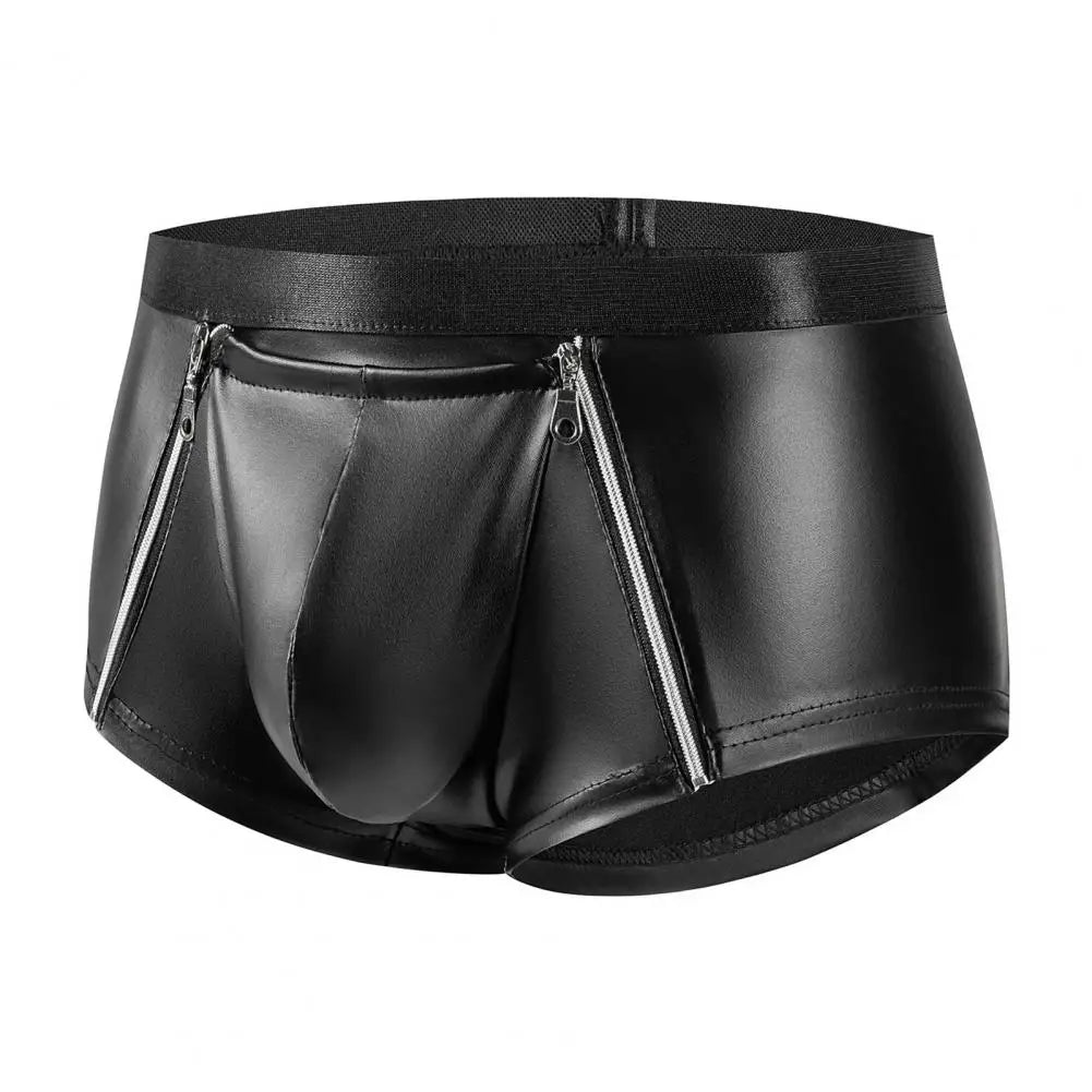 Matte Faux Leather Men Shorts Briefs Sexy Double Zipper