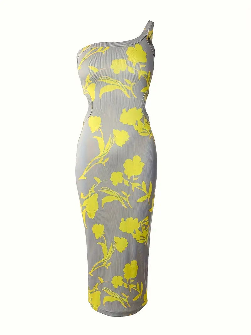 Spring Summer One-shoulder Hollow Rib Knit Dress