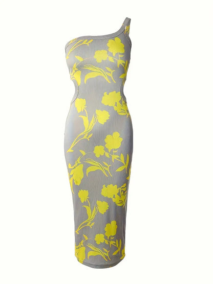 Spring Summer One-shoulder Hollow Rib Knit Dress