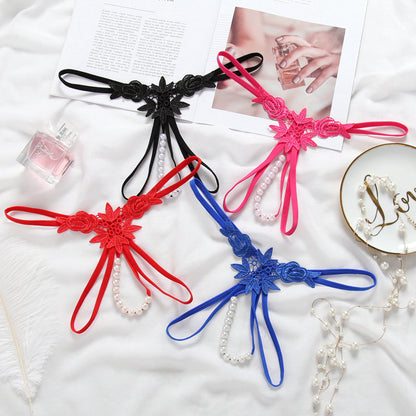 Pearl Massage T-back Sexy Embroidery Underwear