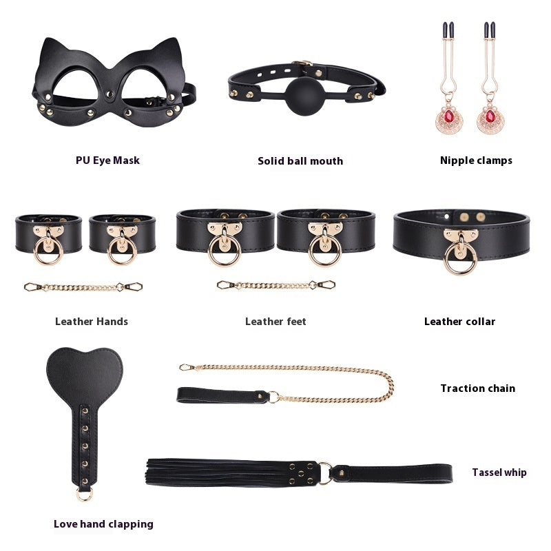 VIPXXX Ensemble de menottes de bondage et de discipline en cuir véritable haut de gamme de huit pièces