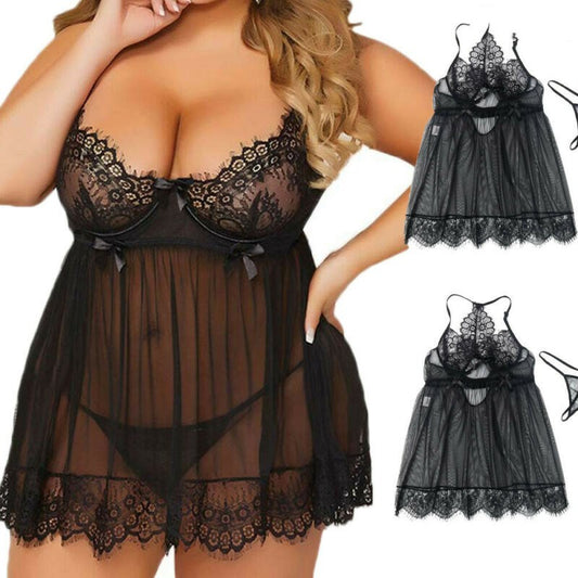 Curvy Women Lace Black Mesh Lingerie