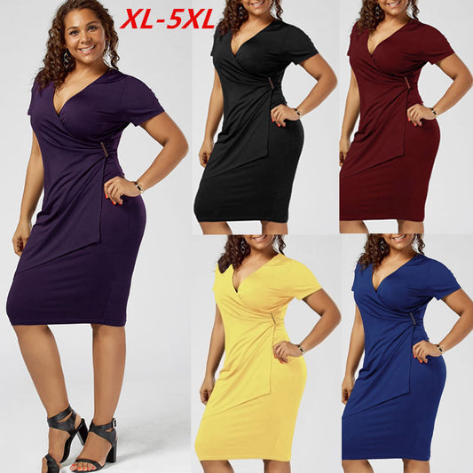 Women's V-Neck Short-Sleeved Sexy Slim Fashion Plus Size Dress