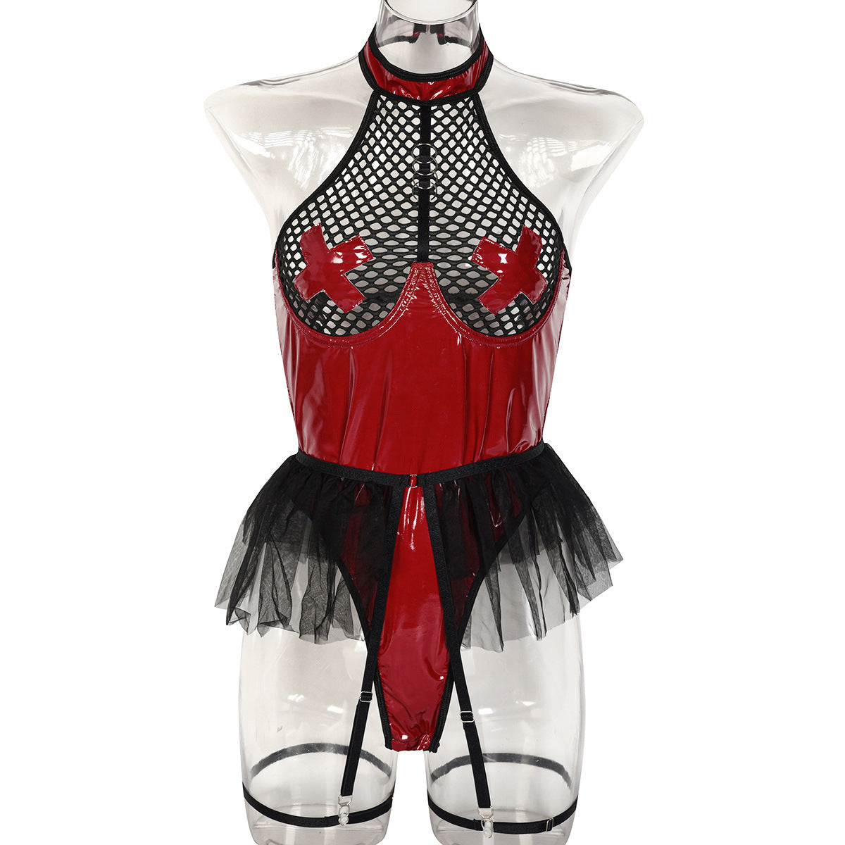 Robe évasée en cuir verni et porte-jarretelles LUXXX