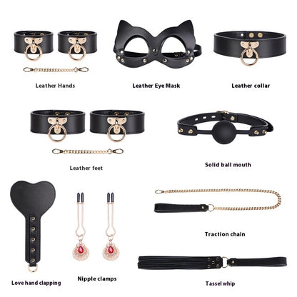 VIPXXX Ensemble de menottes de bondage et de discipline en cuir véritable haut de gamme de huit pièces