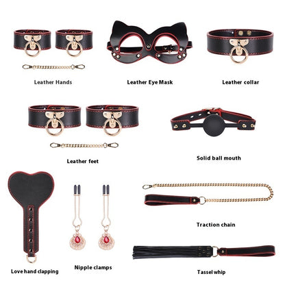 VIPXXX Ensemble de menottes de bondage et de discipline en cuir véritable haut de gamme de huit pièces