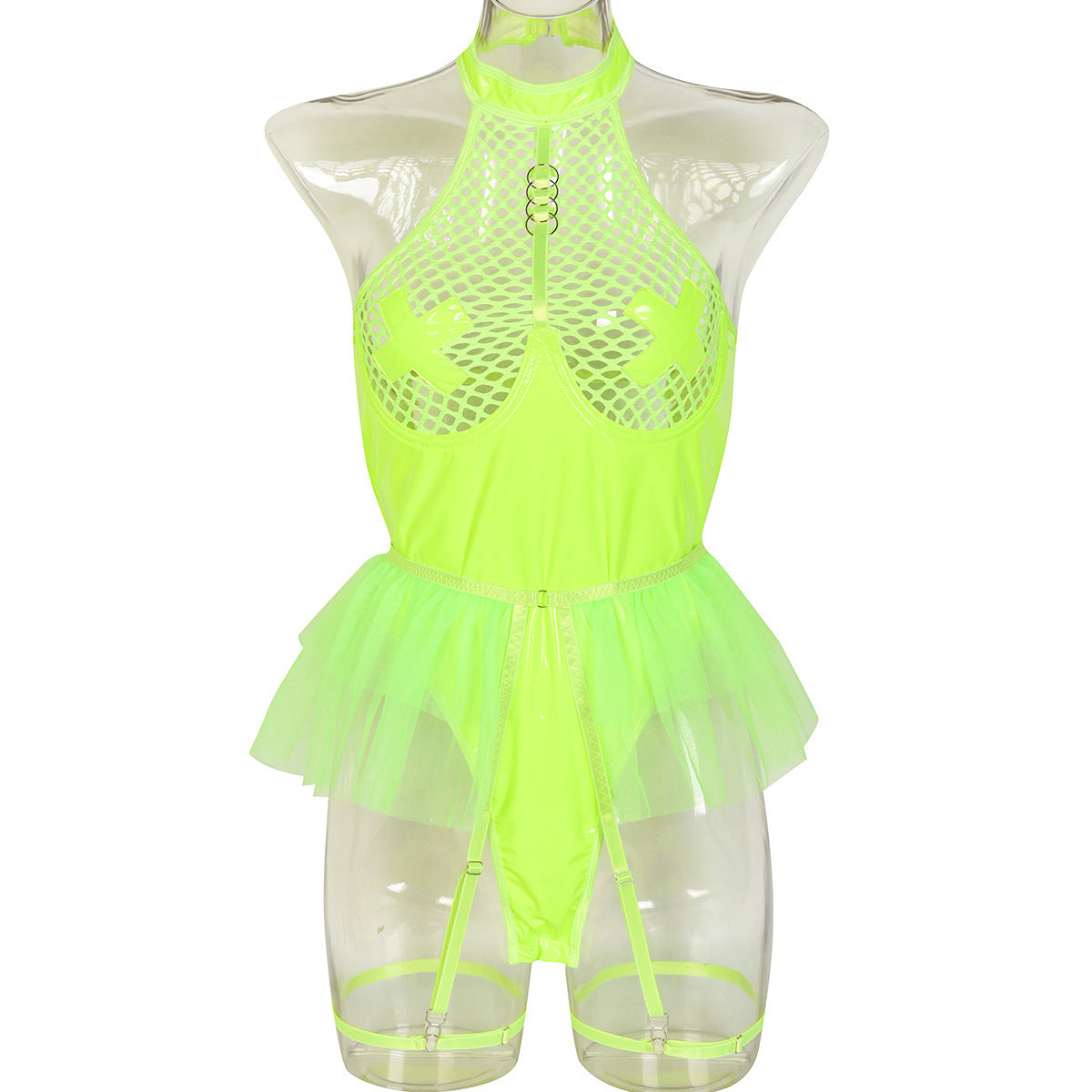 Robe évasée en cuir verni et porte-jarretelles LUXXX