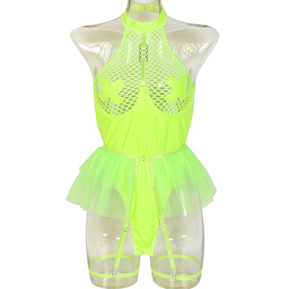 Robe évasée en cuir verni et porte-jarretelles LUXXX