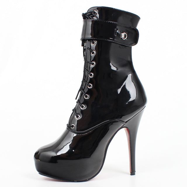 High Heel Platform Lace-Up Patent Leather Short Boots