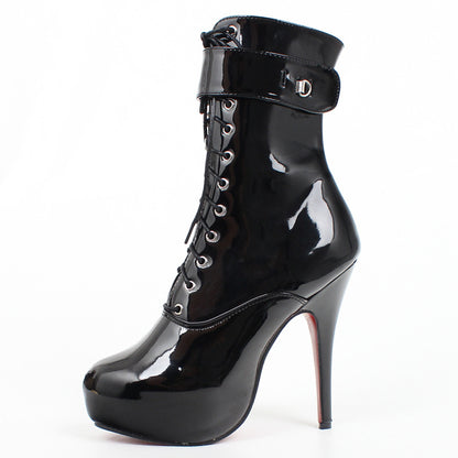 High Heel Platform Lace-Up Patent Leather Short Boots