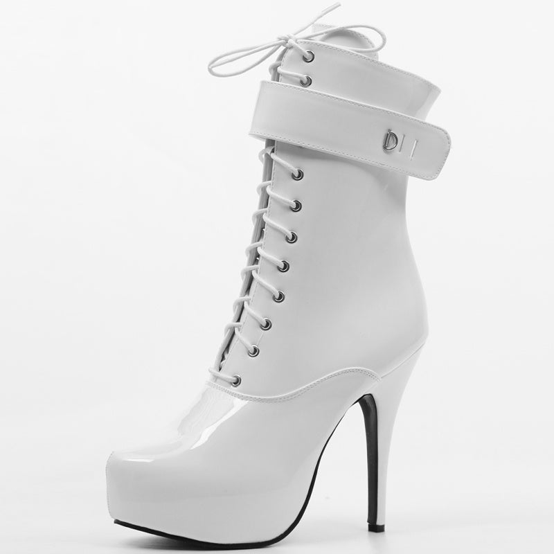 High Heel Platform Lace-Up Patent Leather Short Boots