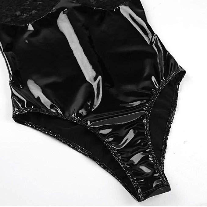 LUXXX Black Patent Leather Lace Bodysuit