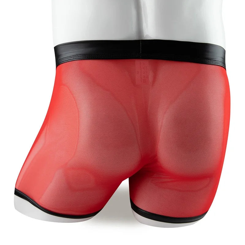 Boxer Short en Maille Transparente et Simili Cuir