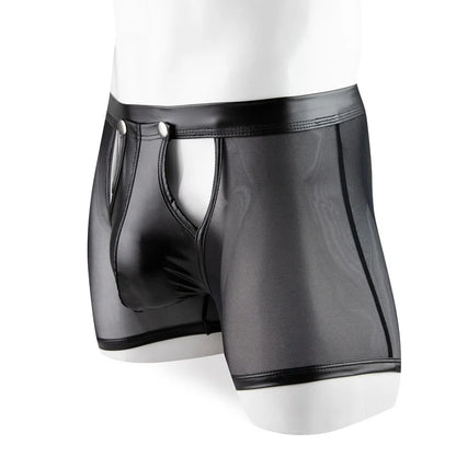 Boxer Short en Maille Transparente et Simili Cuir