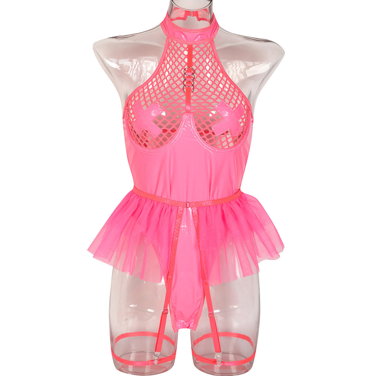 Robe évasée en cuir verni et porte-jarretelles LUXXX