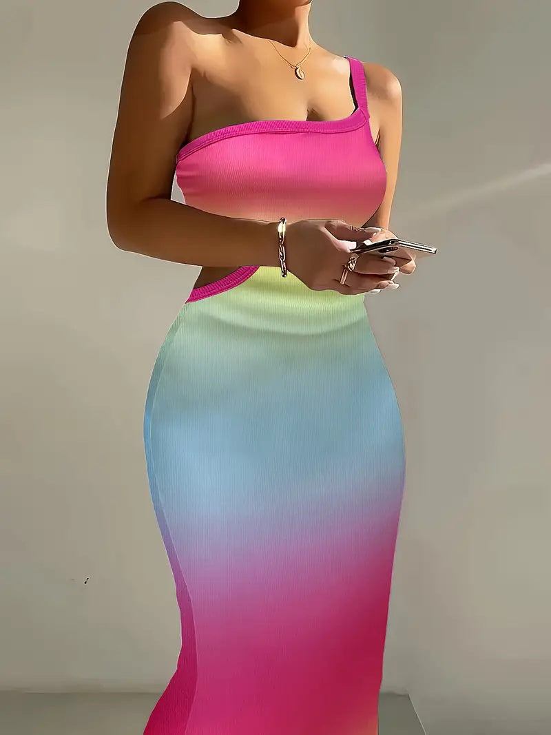 Spring Summer One-shoulder Hollow Rib Knit Dress