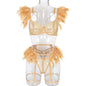 Costume exotique LUXXX avec chaîne en métal, dentelle et plumes